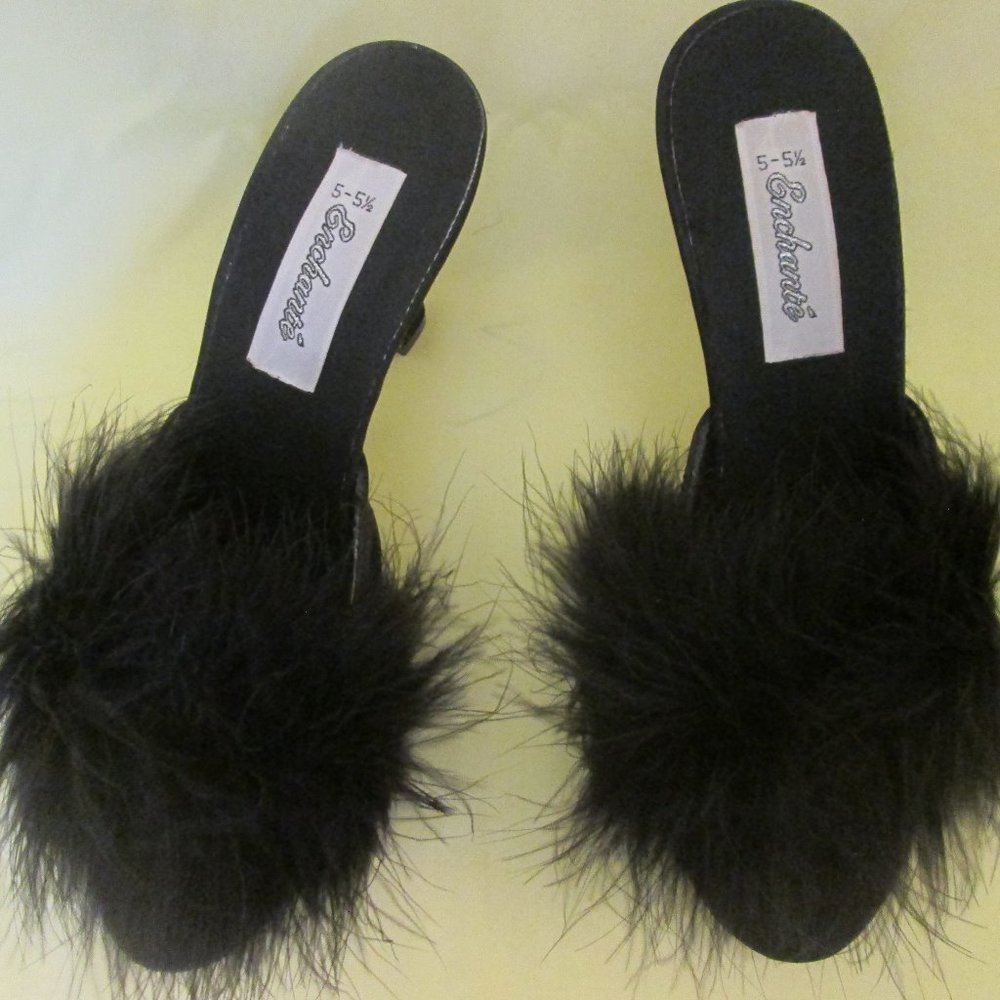 Enchante black Satin Marabou Feather Mules